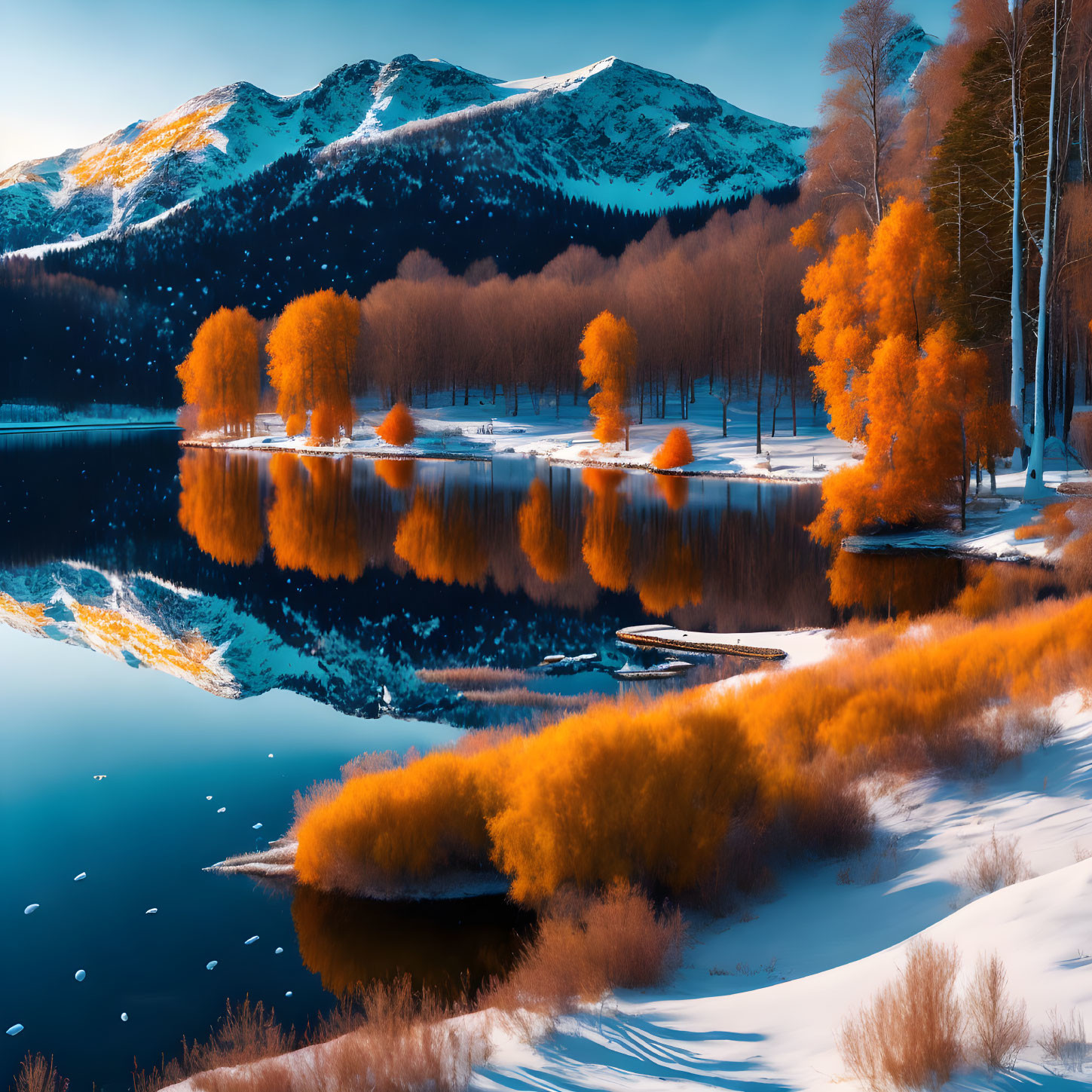 Tranquil Lake Scene with Orange Foliage, Snow-Capped Mountains, and Blue Sky