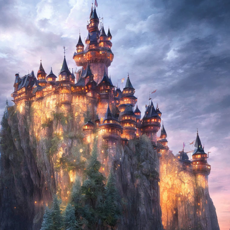 Enchanting twilight castle on cliff with glowing lights