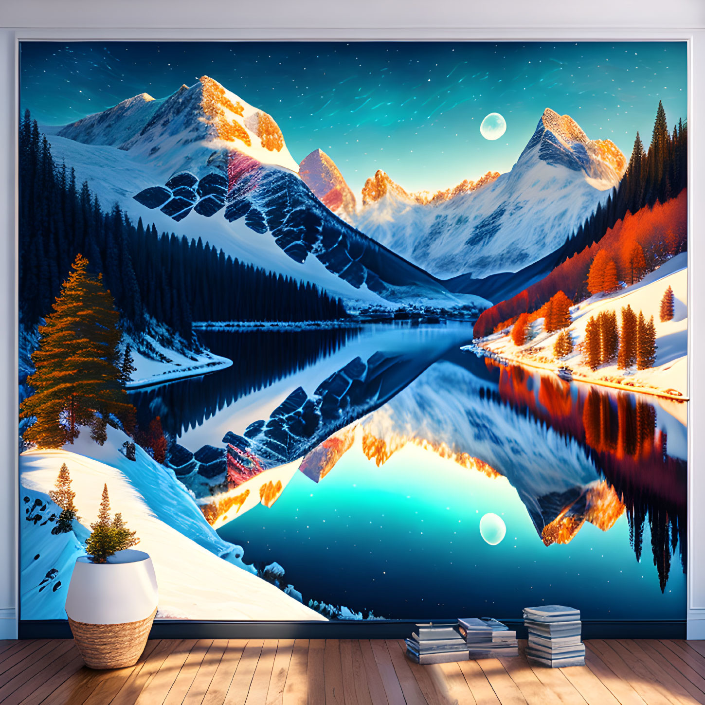 Digital Artwork: Snow-Capped Mountains, Starry Night Sky, Full Moon, Autumn Trees