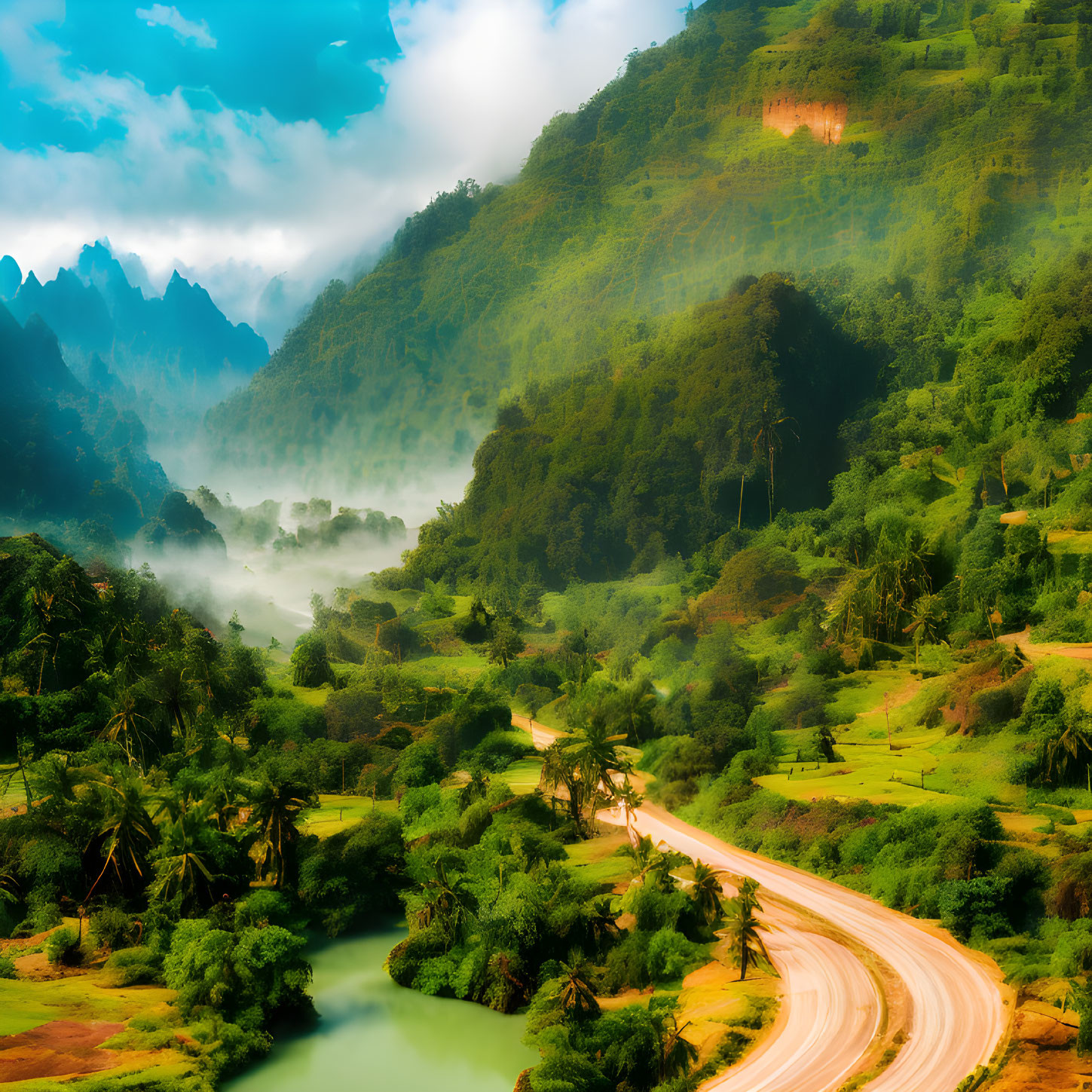 Scenic tropical landscape with winding road and river