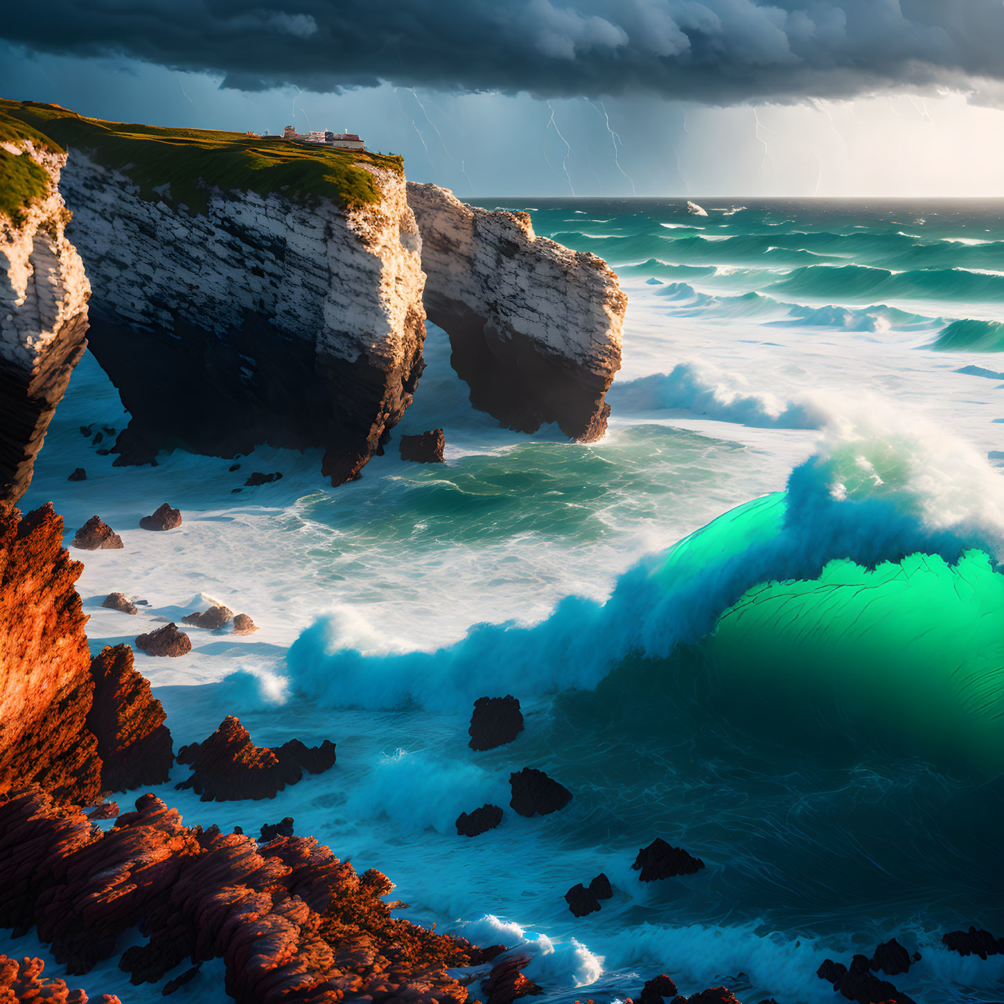 Stormy Coastal Scene: Lighthouse, Cliffs, Waves, Lightning