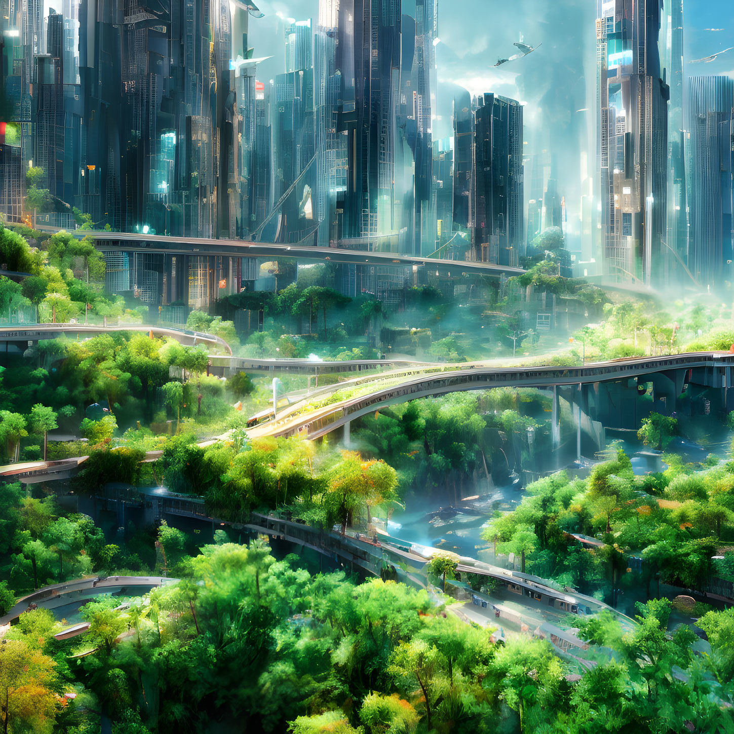 Futuristic cityscape with lush greenery and flying vehicles
