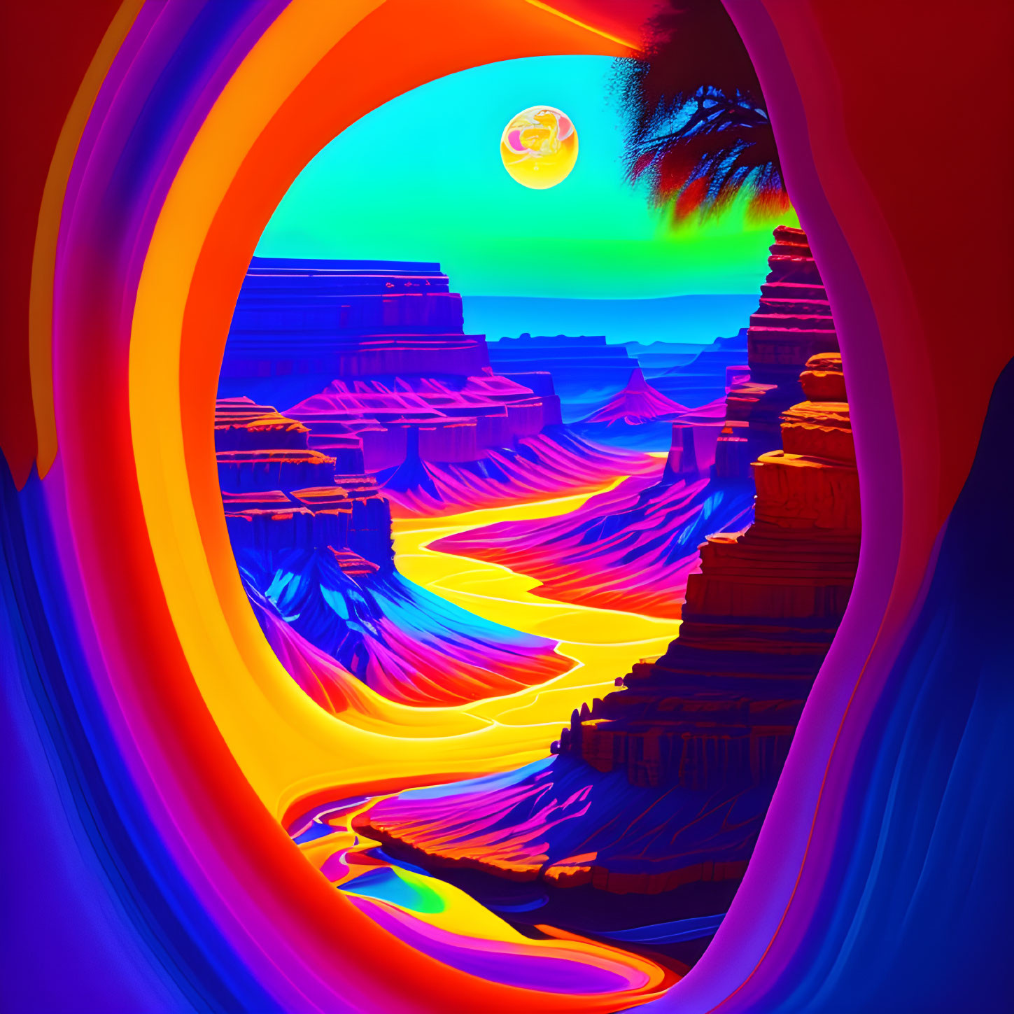 Colorful surreal landscape with flowing rivers, psychedelic cliffs, bright sun, and palm silhouette