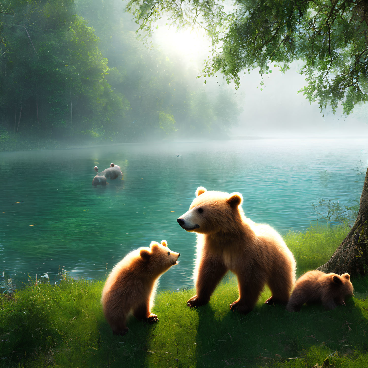 Bear and cubs by misty forest lake with swan couple in soft sunlight
