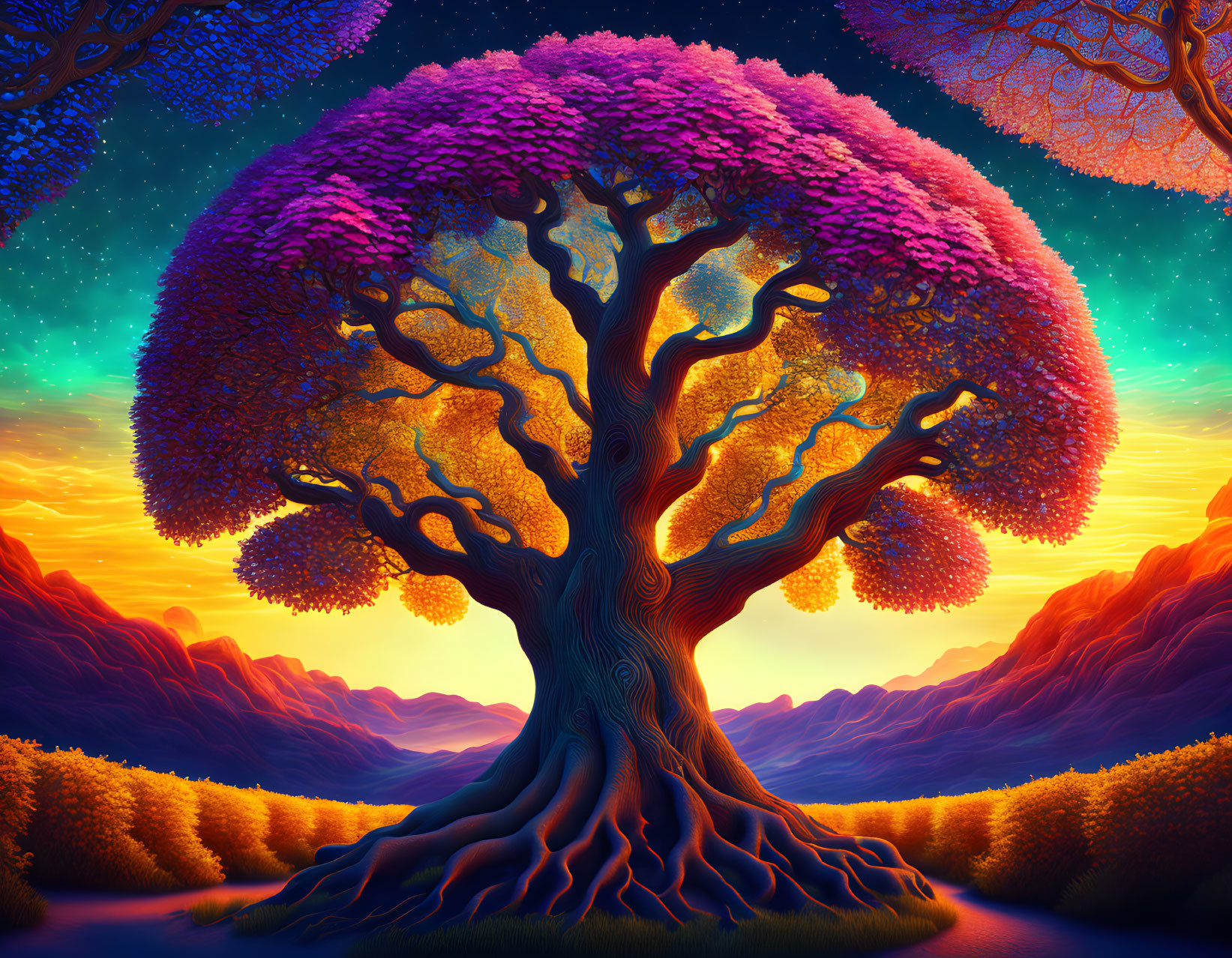 Colorful digital artwork: Majestic tree with purple foliage and surreal sunset landscape
