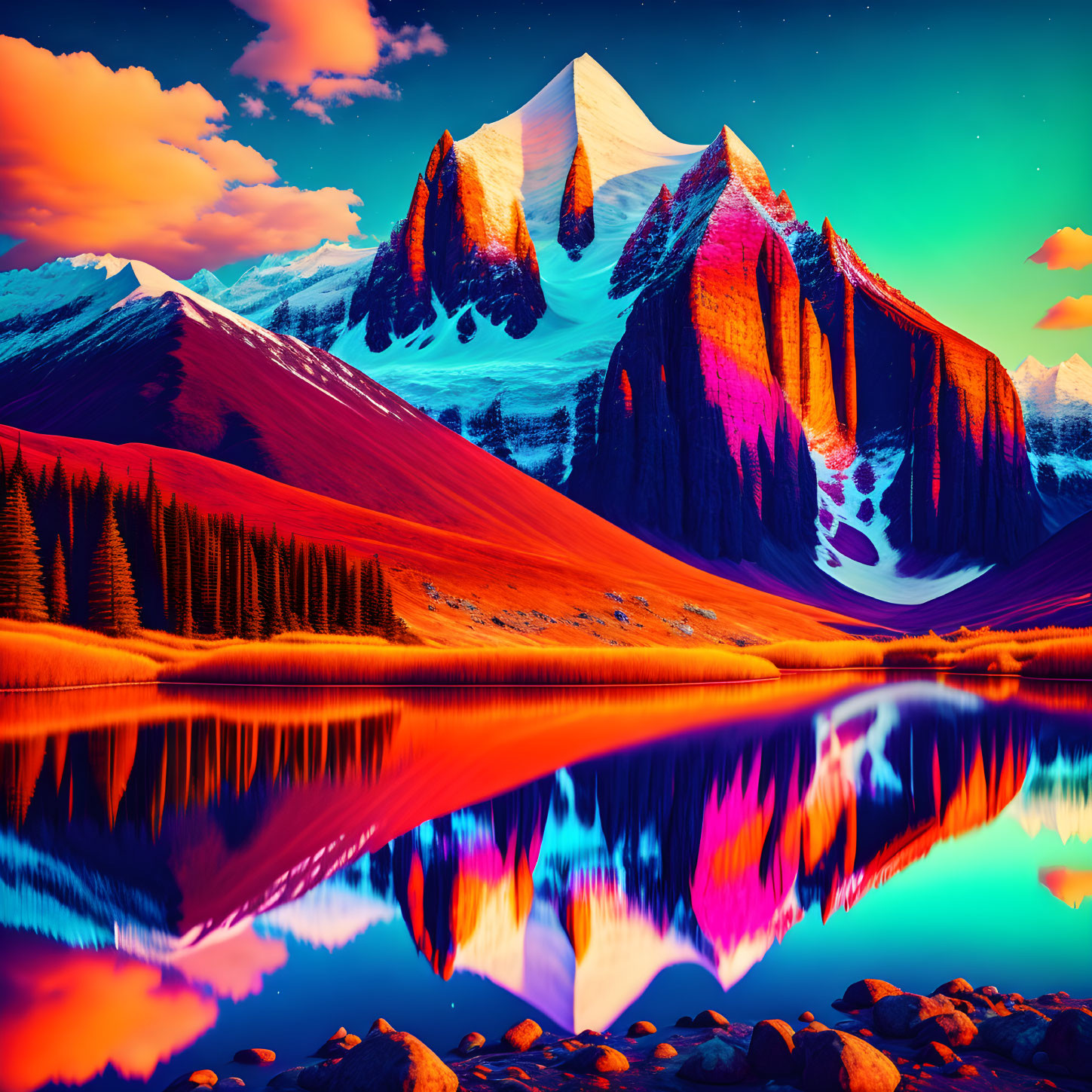 Surreal landscape with snow-capped mountains, starry sky, mirrored lake, and forest
