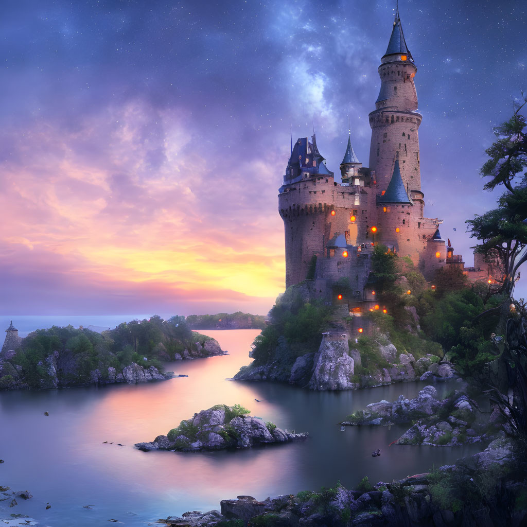 Enchanting fairy-tale castle on rocky cliff at dusk