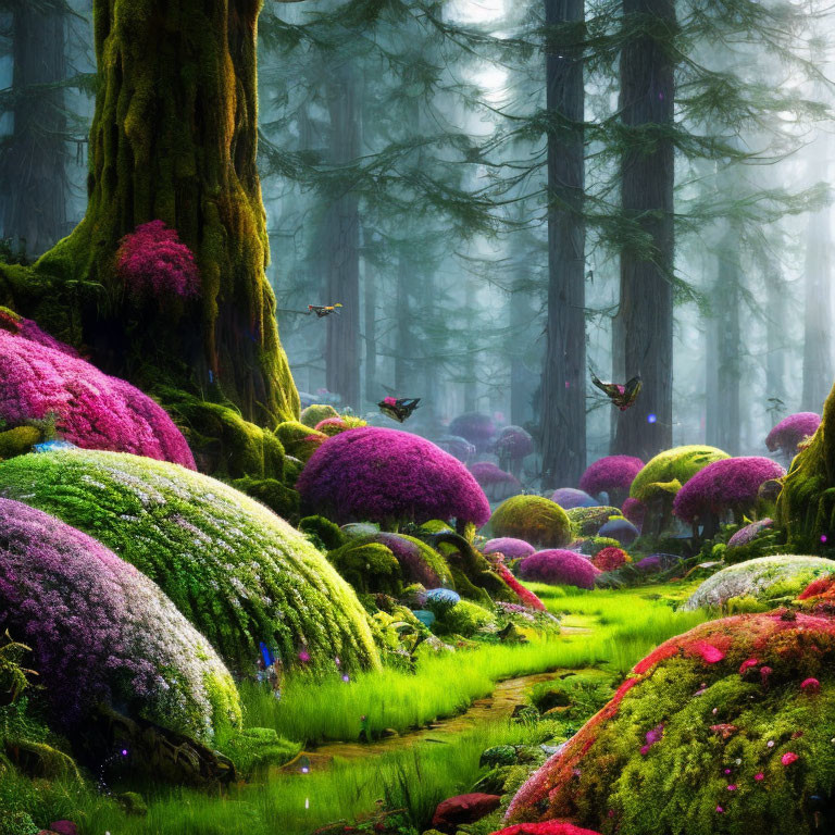 Vibrant Moss-Covered Stones in Misty Forest with Butterflies