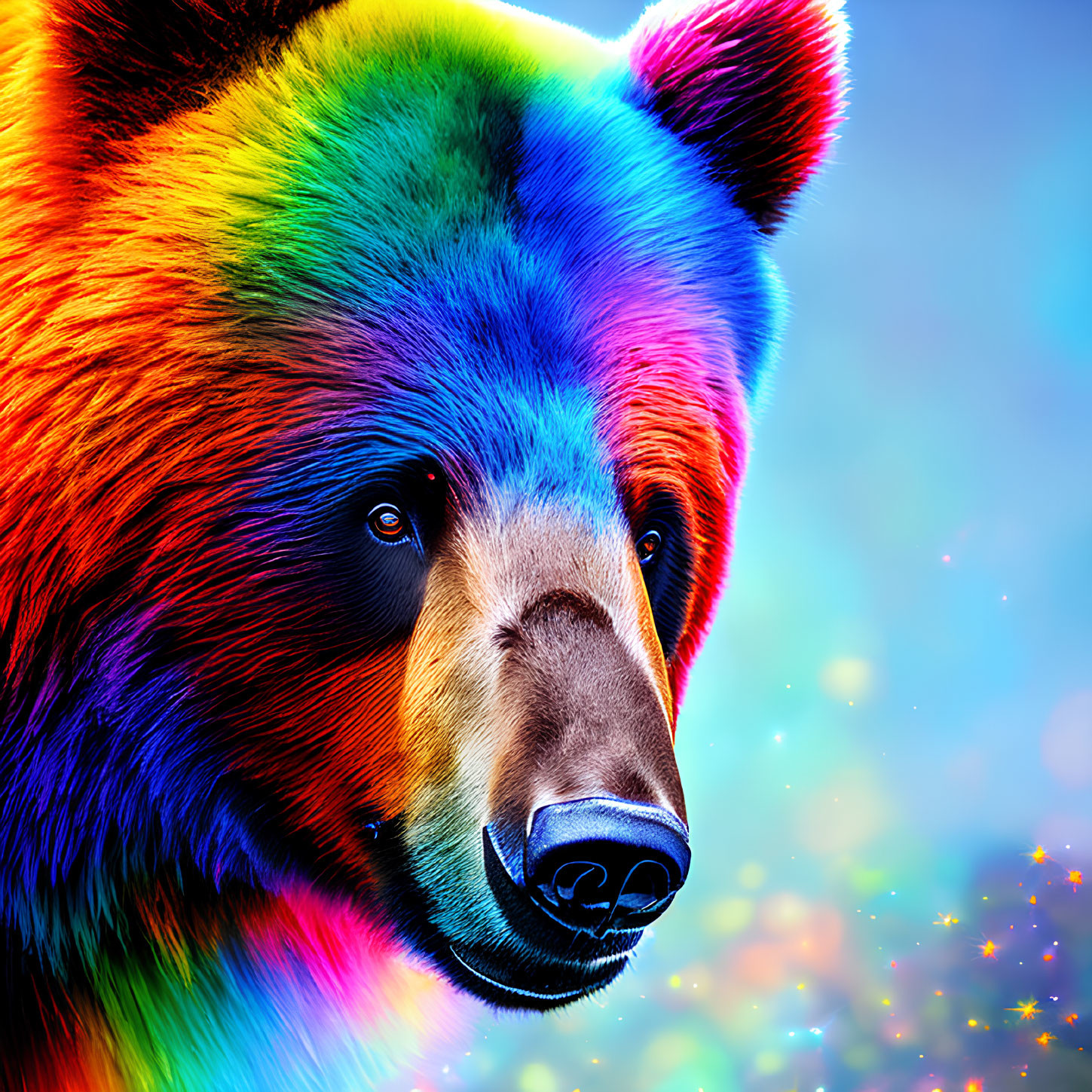 Colorful Rainbow Spectrum Bear on Sparkling Background