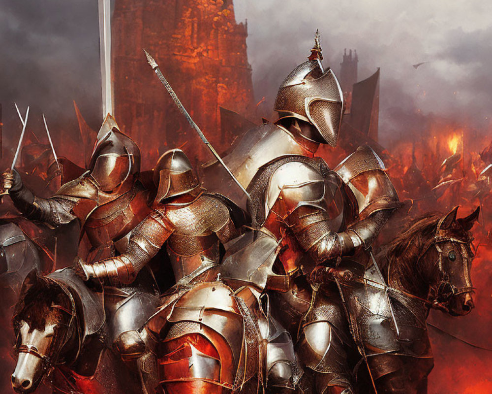 Medieval knights on horseback in fiery battle with dark castle