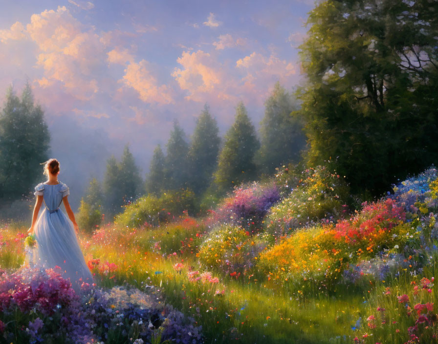 Woman in White and Blue Dress in Vibrant Flower Field