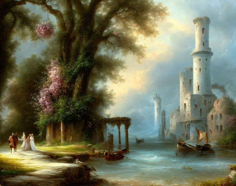 Scenic romantic landscape with river, ivy tower, ruins, couple