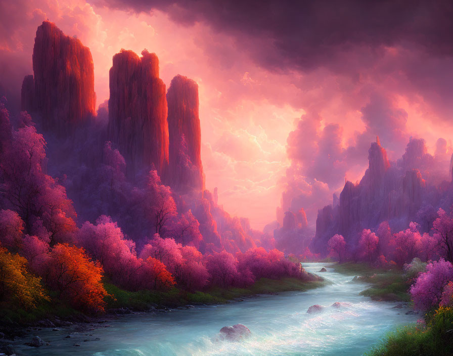 Fantasy landscape with rock formations, river, and pink trees under pink and purple sky