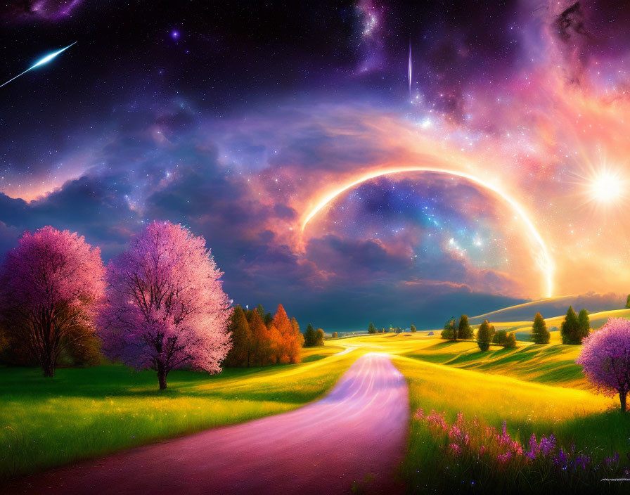 Colorful Fantasy Landscape with Pathway, Pink Trees, Starry Sky, and Celestial Arc