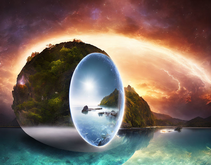 Surreal landscape with floating sphere reflecting seascape at vibrant sunset.