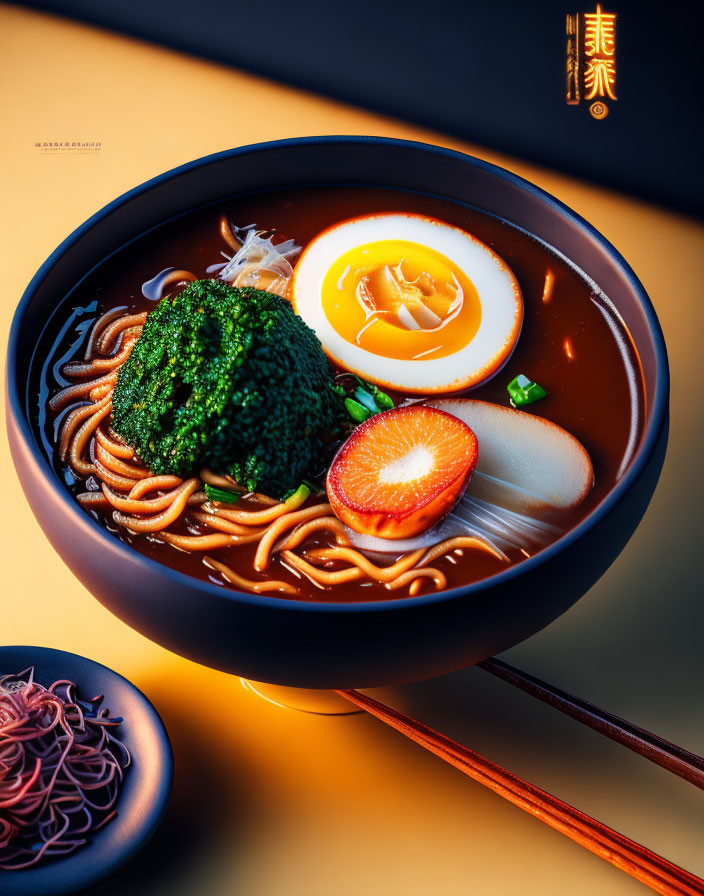 Japanese ramen bowl with egg, seaweed, noodles, and veggies on orange gradient background