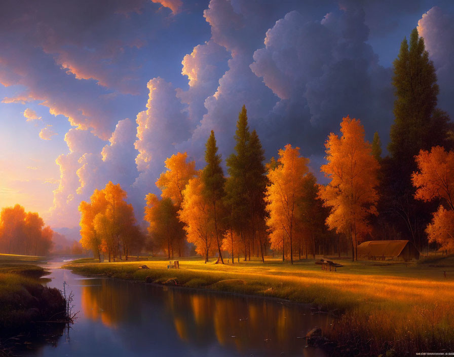 Tranquil Dusk Landscape with Autumn Trees, River, Tent, and Clouds