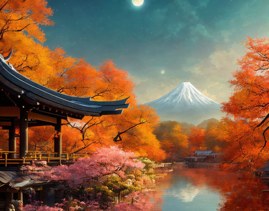 Vibrant autumn foliage with Japanese pavilion, lake, and Mount Fuji at dusk