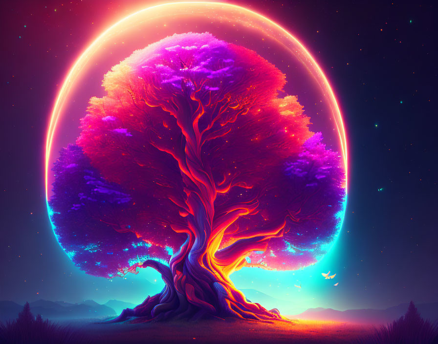 Colorful digital artwork: Large tree with luminous halo under starry sky