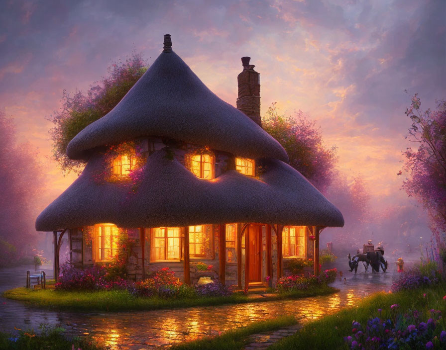 Charming thatched cottage with glowing windows in lush garden at dusk