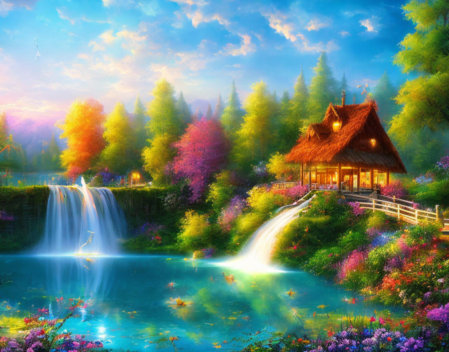 Tranquil landscape: Thatched-roof cottage, waterfall, flowers, pond, sunset
