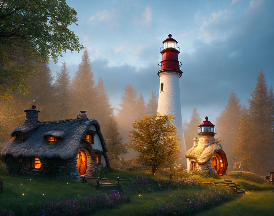 Misty forest clearing with lighthouse and cottage at dusk