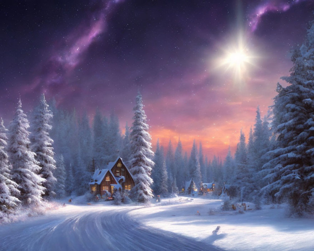 Starry Winter Night Scene with Moon Over Snow-Covered Cabin