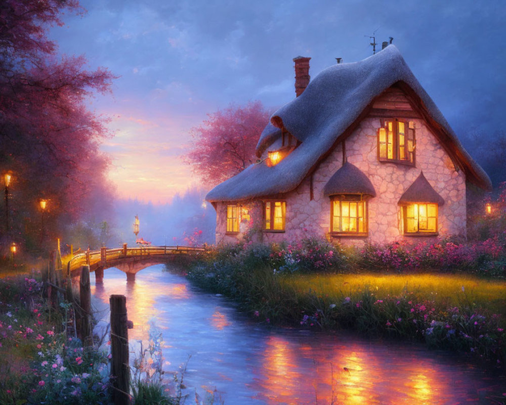 Quaint cottage with thatched roof by serene river at twilight