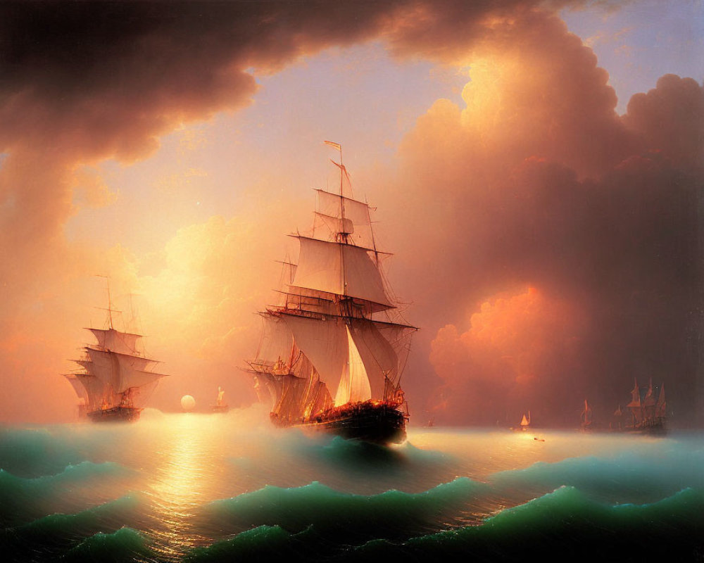 Sailing ships on calm sea at radiant sunset
