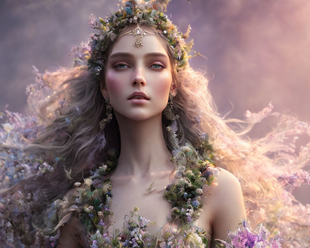 Woman adorned with whimsical flowers and delicate jewelry on floral backdrop