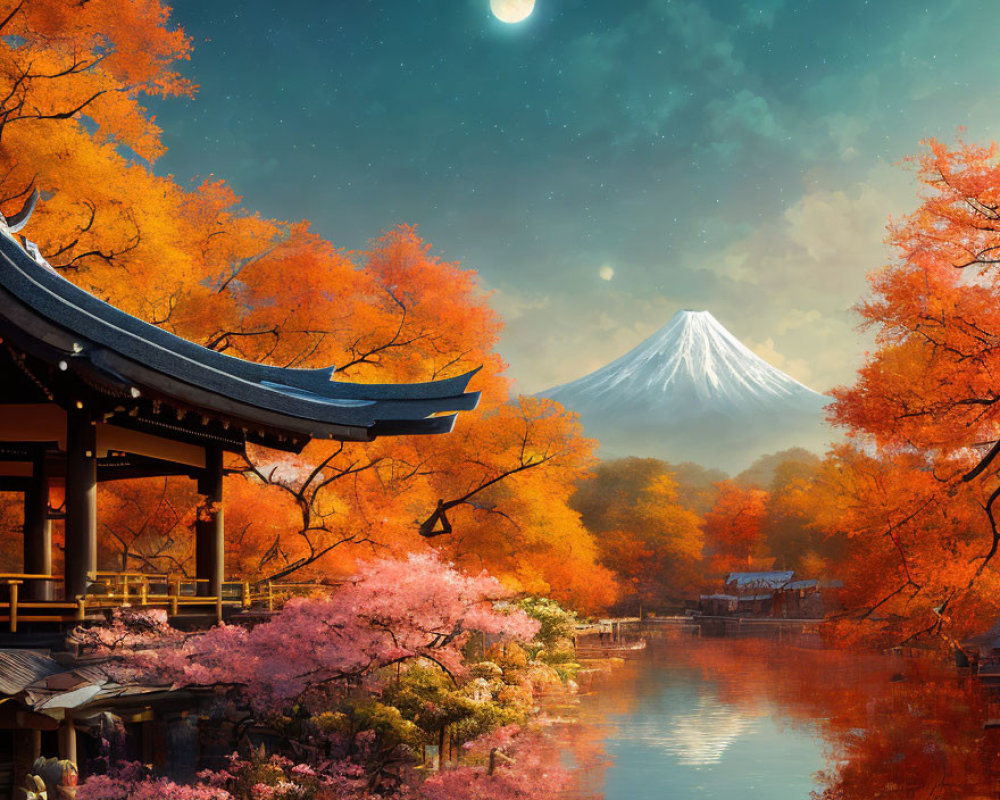 Vibrant autumn foliage with Japanese pavilion, lake, and Mount Fuji at dusk