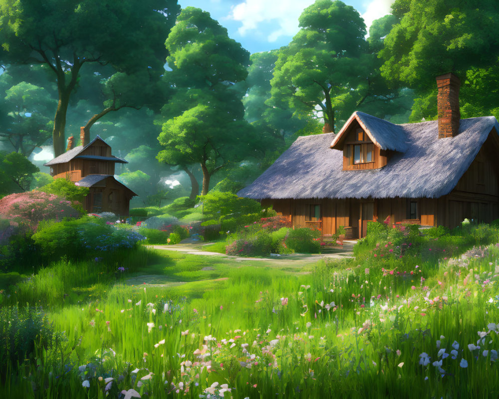 Tranquil woodland scene with thatched-roof cottages and wildflowers