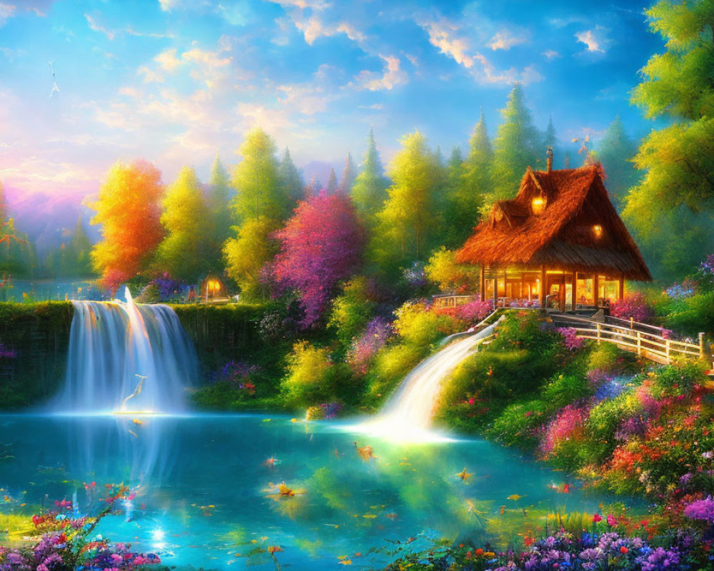 Tranquil landscape: Thatched-roof cottage, waterfall, flowers, pond, sunset