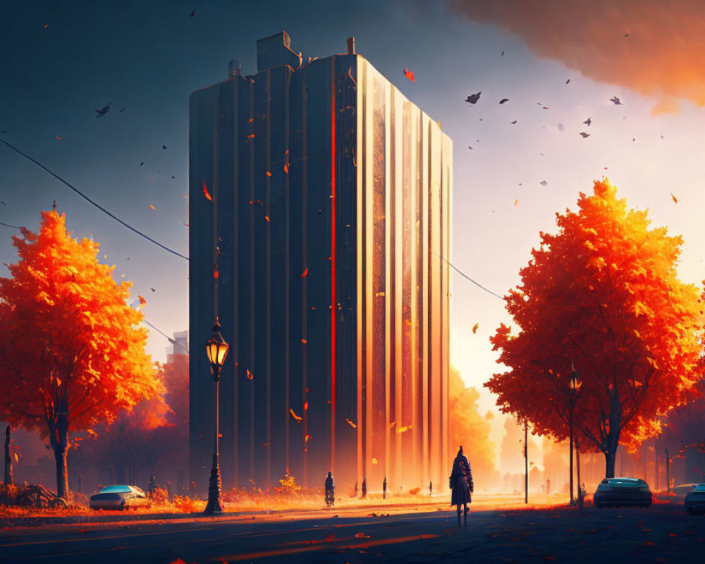 Person walking towards towering building in fiery autumn landscape