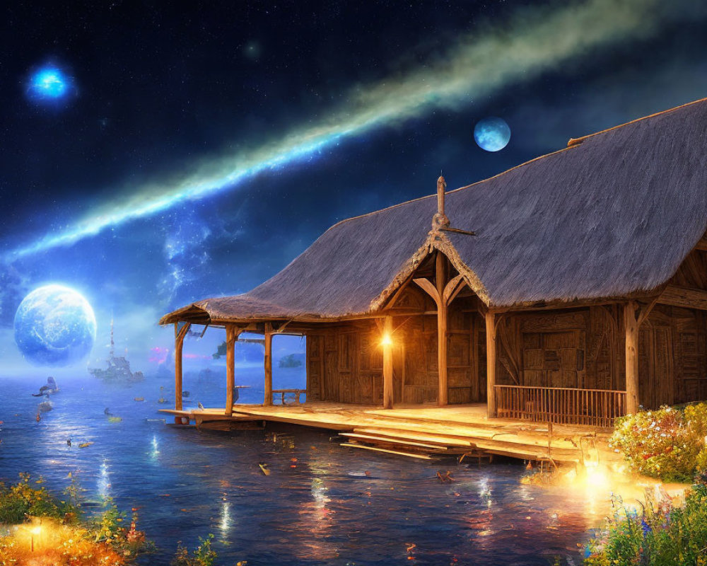 Fantasy night scene with wooden house, glowing flowers, ship, and celestial bodies.