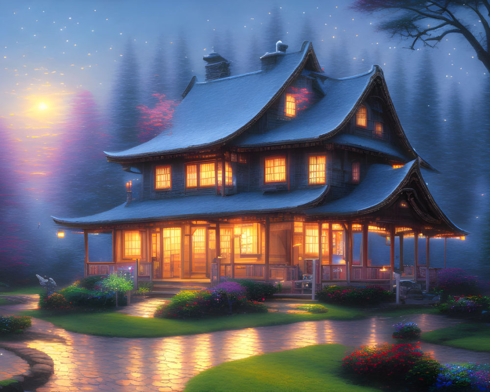 Two-story illuminated house in serene garden at twilight