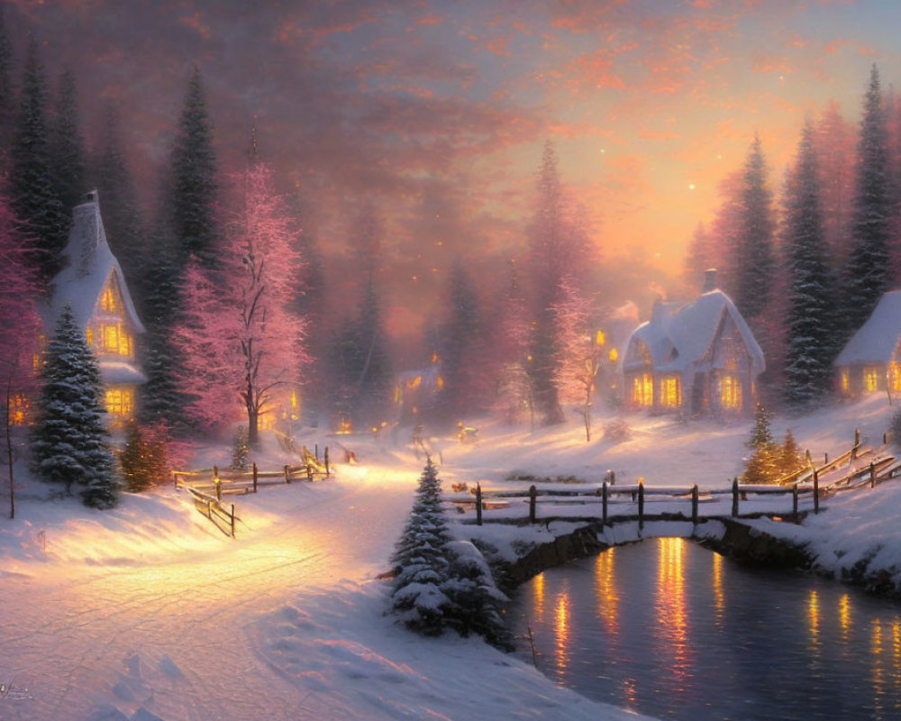 Snow-covered pathways, cottages, bridge, and pink sky in serene winter evening