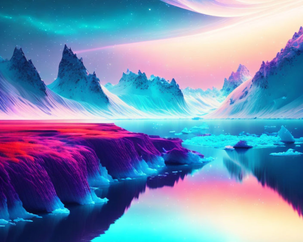 Fantasy landscape with luminescent rivers, boat, icy mountains, and dramatic sky