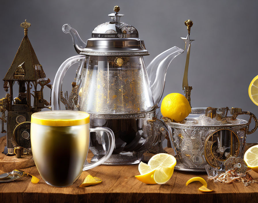 Luxurious Tea Set with Silver Teapot, Golden Cup, and Lemon Slices