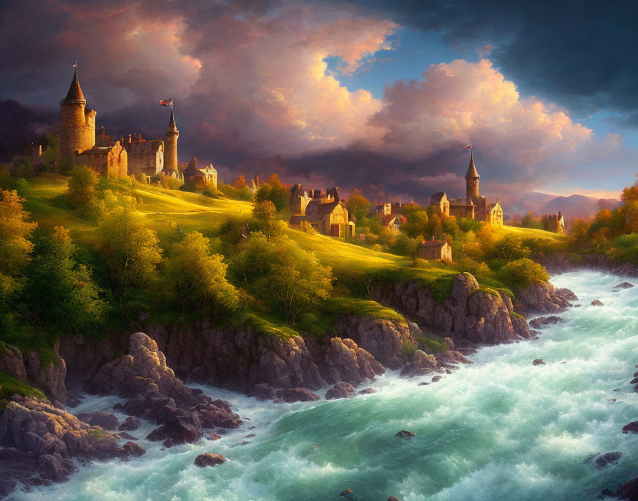 Fantastical landscape with castle, houses, river, and dramatic sky
