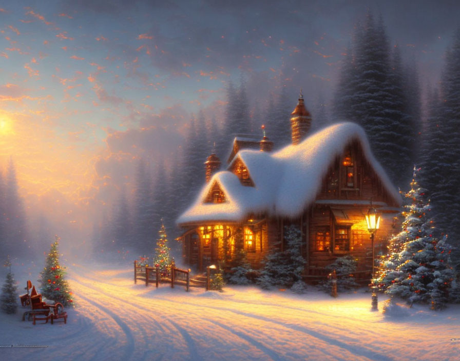 Snowy forest cabin with Christmas trees and soft twilight glow