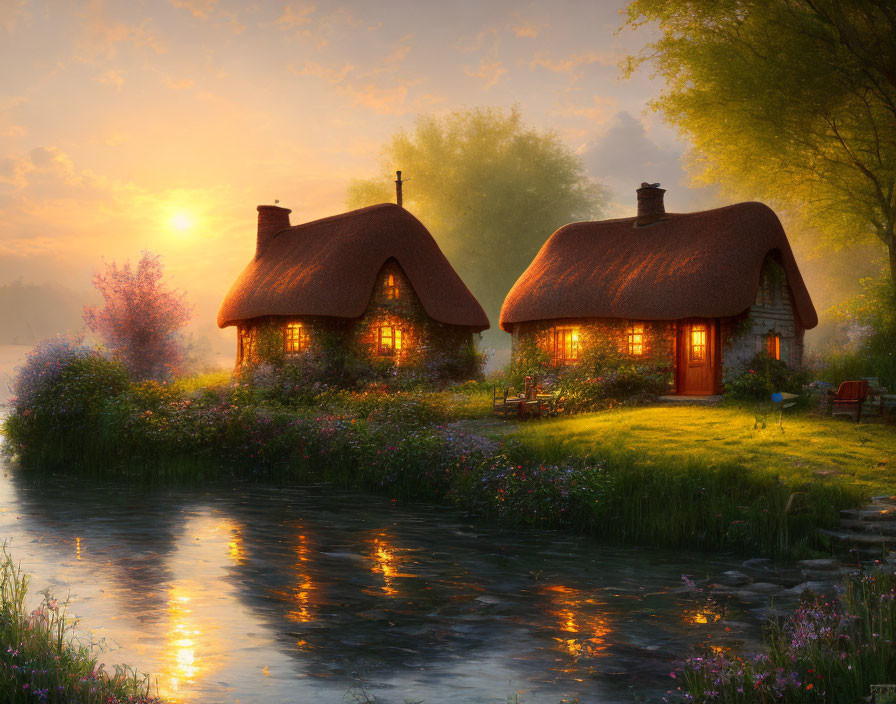 Sunset Thatched Cottages by River with Flowering Plants in Misty Landscape