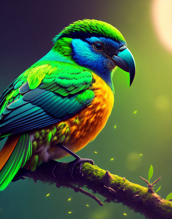 Vibrant colorful parrot on branch with blue, green, and yellow feathers