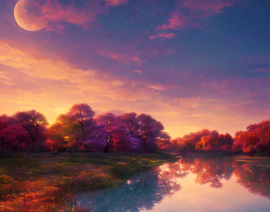 Tranquil twilight landscape with pink blossoms, serene river, lush grass, starry sky,
