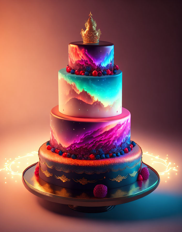 Colorful Galactic Themed Three-Tiered Cake with Gold Accents