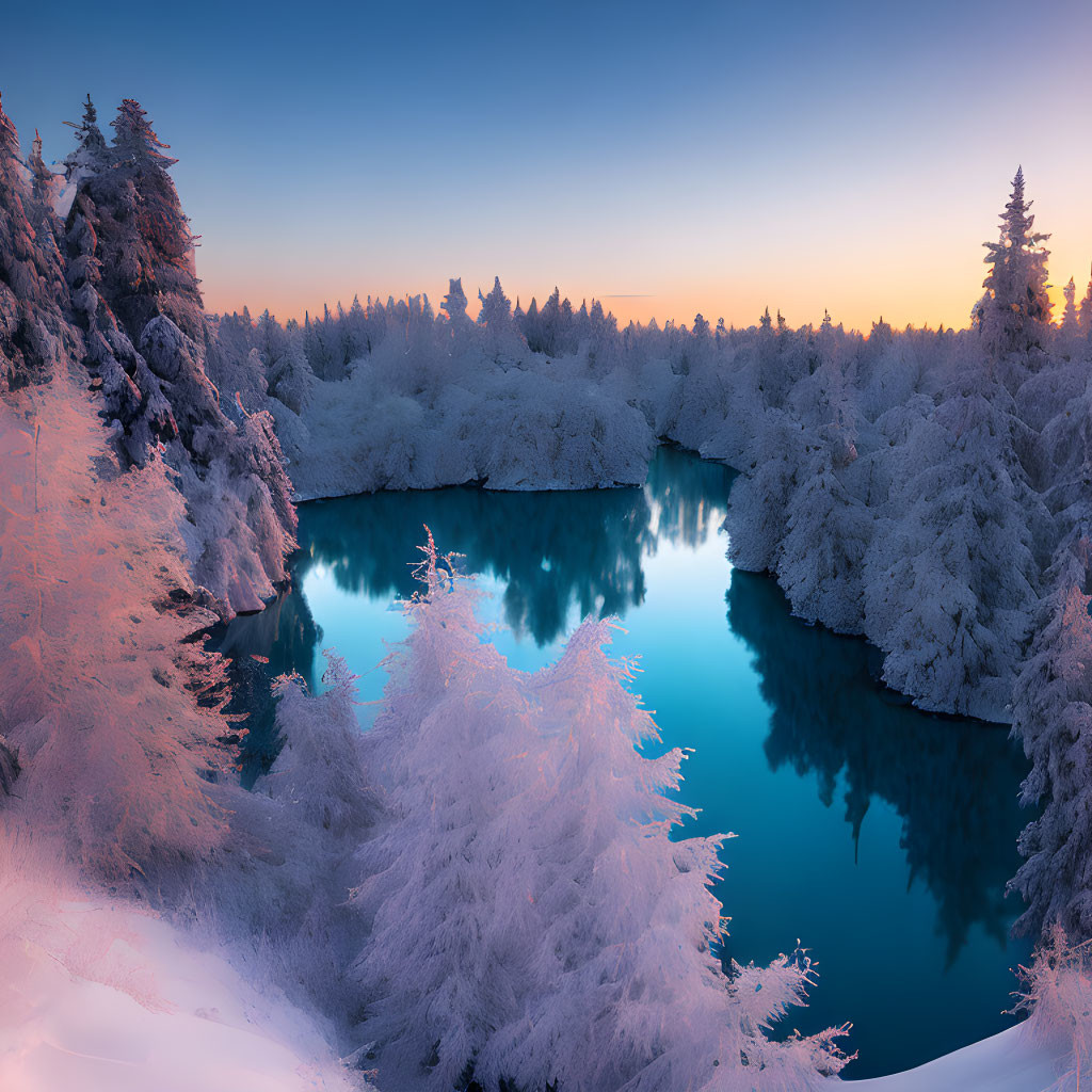 Snow-covered trees and tranquil lake in serene winter landscape