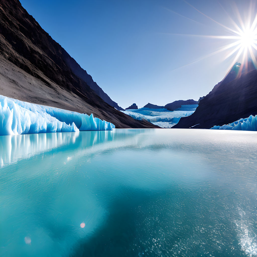 Serene glacial lake with vibrant blue icebergs and rugged mountains