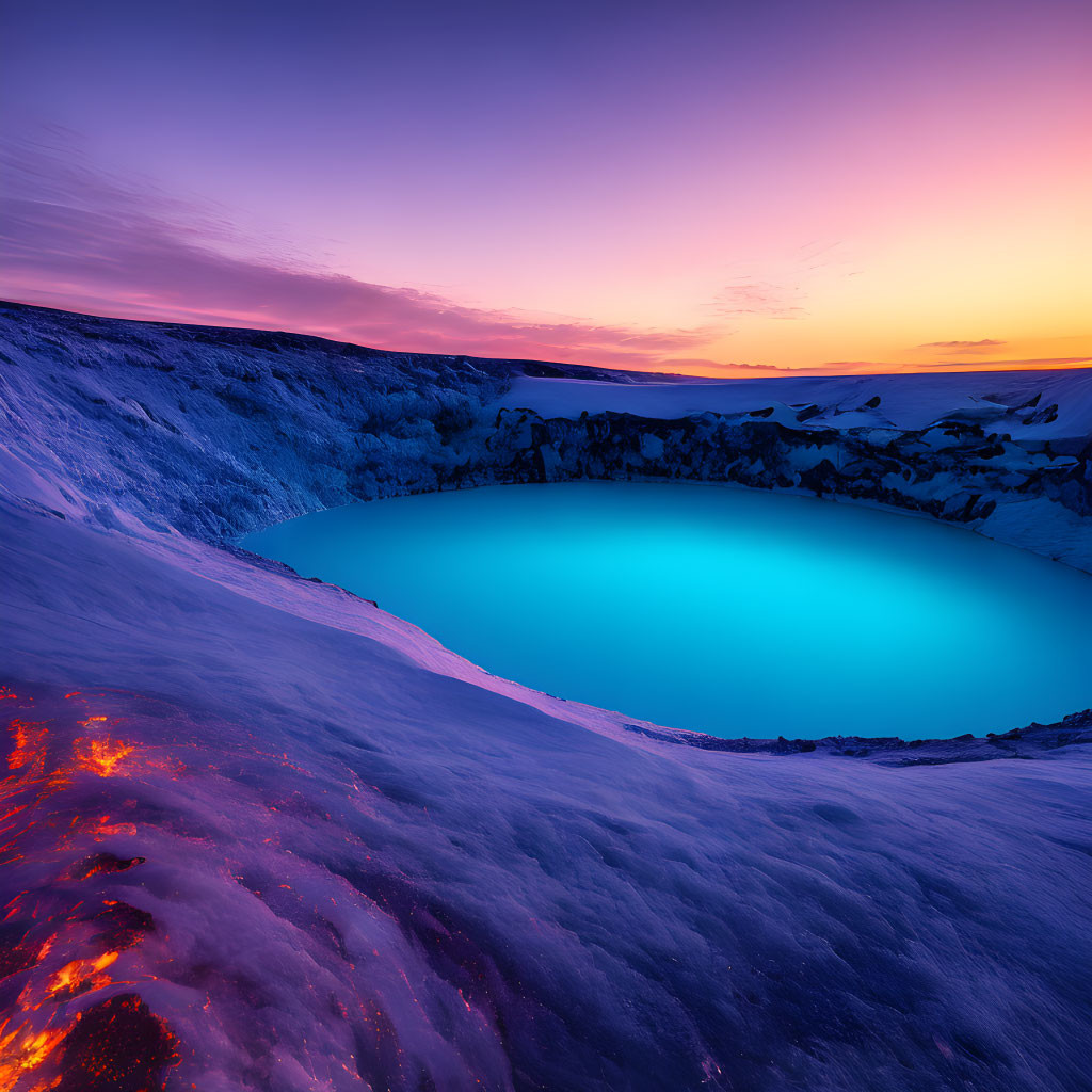 Vibrant contrast: lava flow, icy crater lake, gradient sky