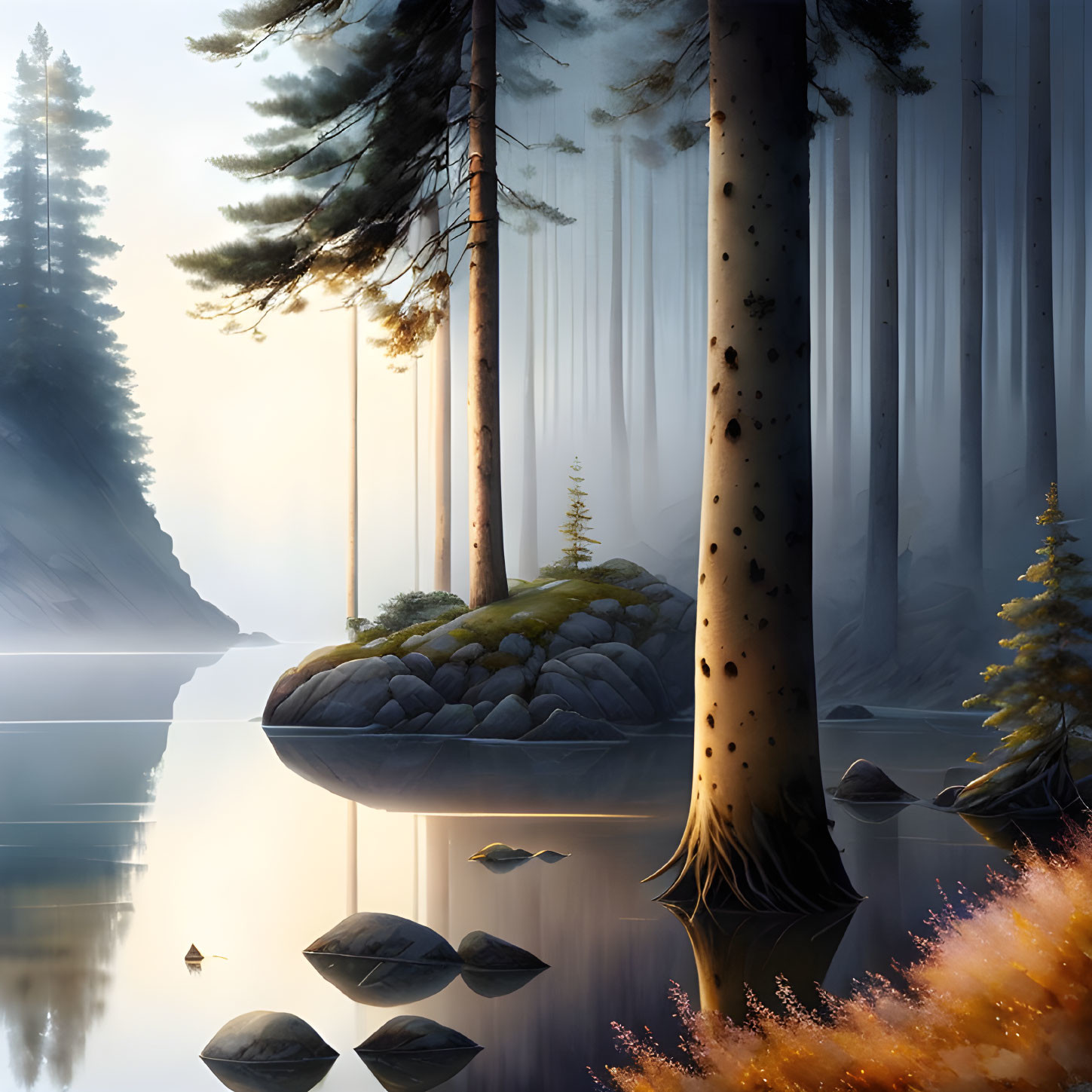 Tranquil forest lake with tall trees and sunbeams