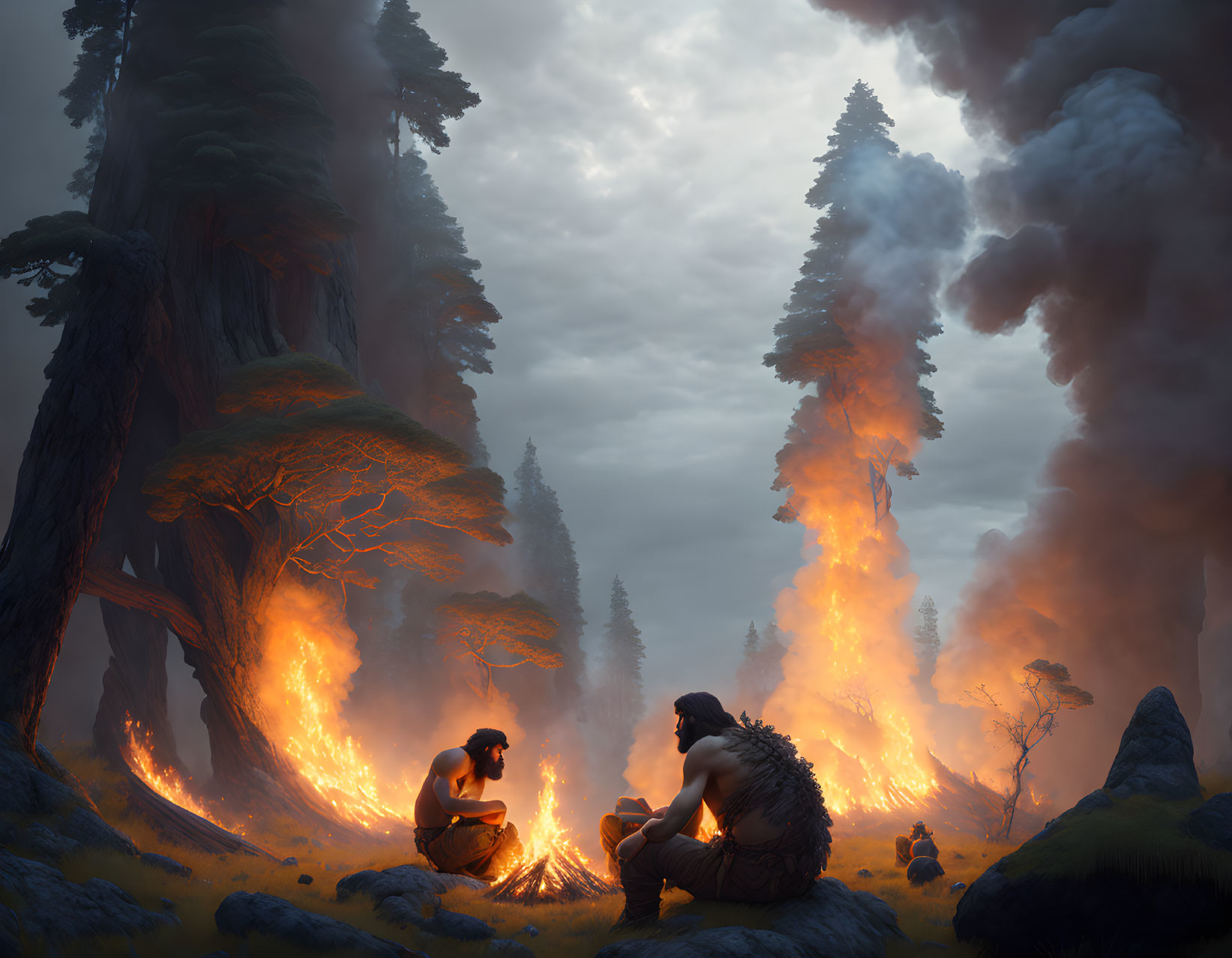 Two people at campfire in forest with wildfire smoke.